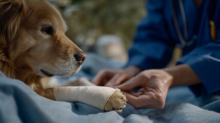 A vet technician placing a soft bandage on a dog’s paw after a minor injury, using gentle restraint techniques to keep the pet relaxed — compassionate wound care, professional pet treatment, and