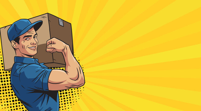 A handsome young guy, a loader, a delivery man in pop art style with a box. Pop art in comic style.