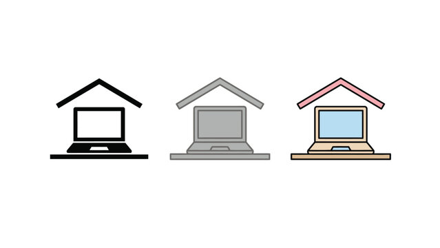 Set of laptop icons with roof symbolizing remote work and home office flat vector design isolated on white background