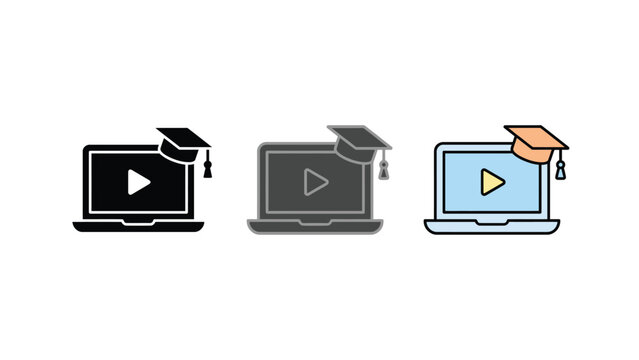 Laptop with graduation cap icon set vector illustration in flat design style perfect for online education and e-learning platforms