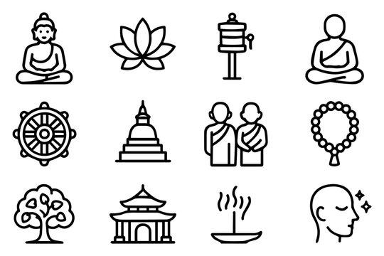 Buddhism icon set. It included monk, Buddha, Buddhist, temple, and more icons.