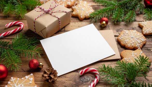 A cheerful cozy card mockup with Christmas cookies, candy canes, and warm festive accents