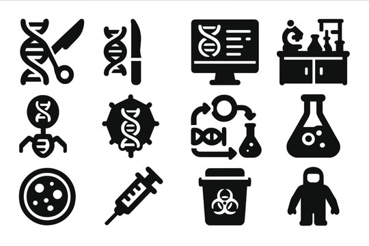 Genetic Engineering Icons. Solid style icons of genetic engineering tools: gene splicer, molecular scalpel, DNA editing software