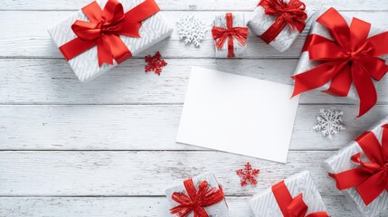 Elegant invitation or greeting card mockup featuring a beautifully arranged gift box alongside delicate plant twigs, creating a festive and cheerful atmosphere perfect for holiday greetings, 