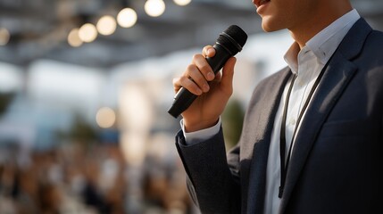A conference speaker adjusting a wireless lapel microphone before stepping on stage, rows of chairs and a glowing projection screen hinting at a large audience — public speaking preparation, event