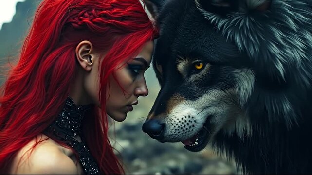 A woman with red hair and a wolf looking at her face