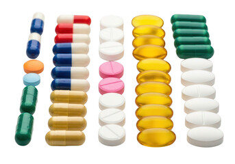 Assorted pills and capsules isolated on transparent background for medical use