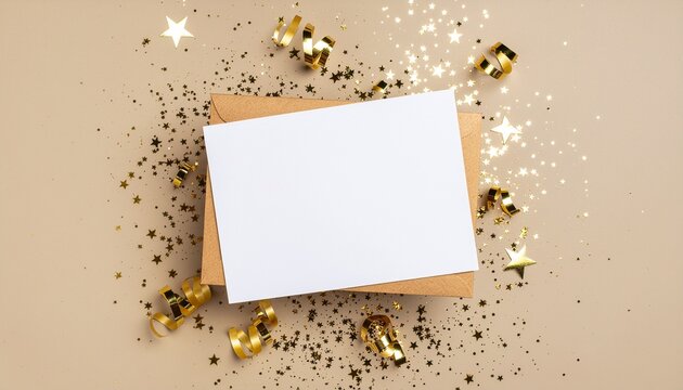 A blank postcard centered with dramatic gold confetti bursts and bright New Year sparkles for a festive celebration look