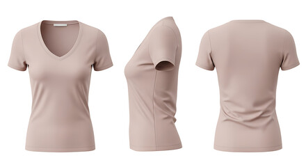 Elegant and versatile light brown women's V-neck t-shirt mockup, professionally displayed with front, side, and back views for fashion and apparel design