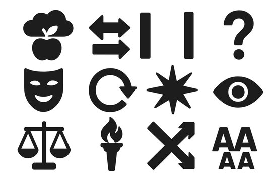 Rhetorical Icons Collection. Solid style icons of rhetorical devices: metaphor icon, simile arrows, parallel lines, rhetorical