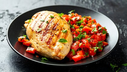 Grilled chicken breast plated with chopped tomato salad garnish on a dark, textured background