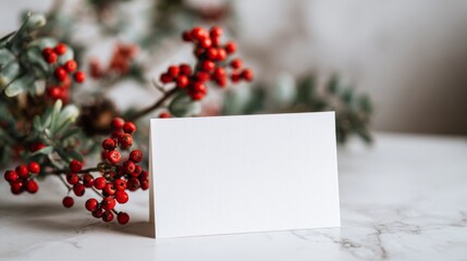 Elegant invitation or greeting card mockup featuring a beautifully arranged gift box alongside delicate plant twigs, creating a festive and cheerful atmosphere perfect for holiday greetings, 