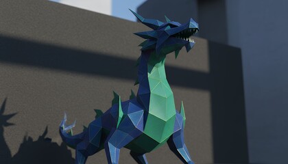 Illustration of low poly dragon sculpture with sharp teeth and scales in blue and green shades