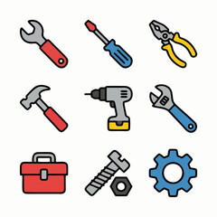 Tools and Hardware Icons Set – Wrench, Screwdriver, Pliers, Hammer, Drill, Toolbox, Bolt and Gear Vector