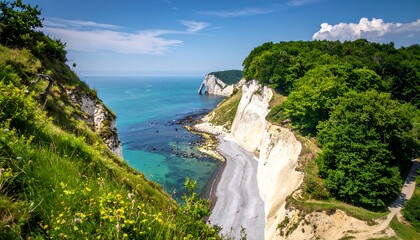 High angle view of cliffs overlooking a blue ocean and beach under a clear blue sky on a bright day