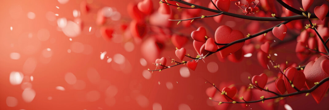 Red blossoms on branches against a soft red background. Valentine's Day, spring themes or romantic occasions. copy space, free space for text