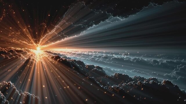 Celestial Radiance: A breathtaking display of sunlight piercing through ethereal clouds, casting a spellbinding spectacle of light and shadow, and embodying the sublime beauty of the cosmos.