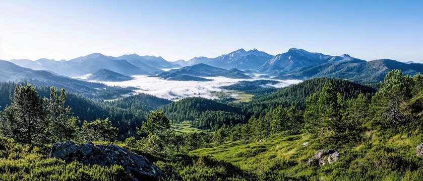 A panoramic view of a vast mountain range with a valley filled with mist. Pine forests cover the rolling hills in the foreground and midground, under a clear bl
