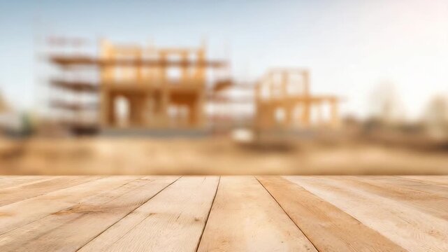 Light wooden table surface foreground with blurred new house construction site background