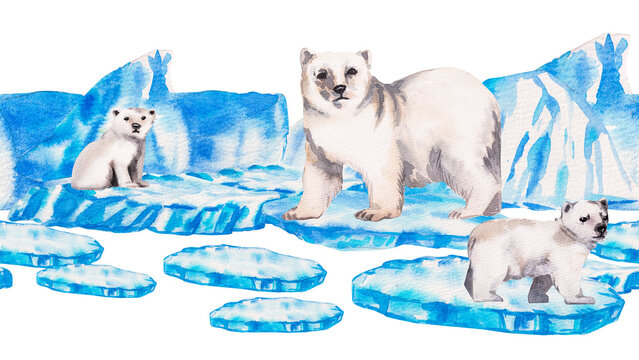 Polar bears. Hand drawn seamless watercolor horizontal border with cute polar bear with babies on ice floe isolated on white. Perfect for winter textile, wallpaper, decor, scrapbooking, print design