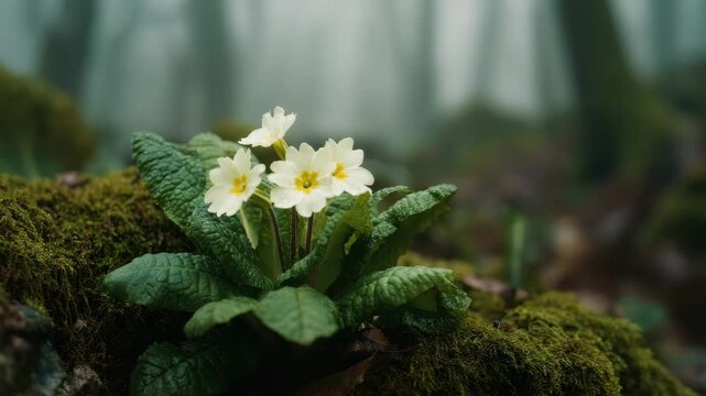Small cluster of pale yellow primrose flowers growing amidst dark green mossy woodland ground cover