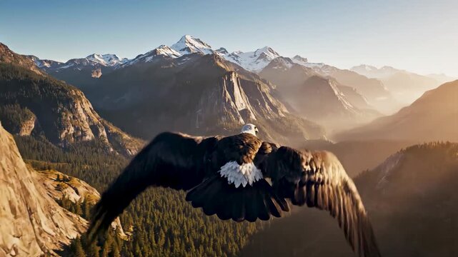 Eagle flying over majestic mountains. bird eye view perspective