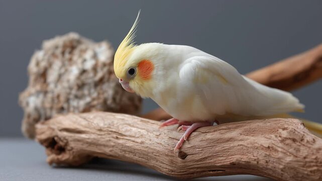 Colorful cockatiel perched on wood, showing its playful personality in a cozy indoor setting