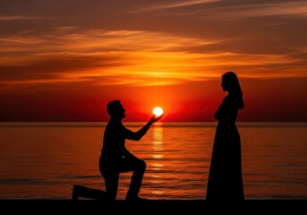 Romantic proposal at sunset with silhouette of man kneeling and offering engagement ring to woman