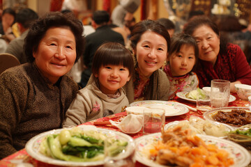 Naklejka premium Chinese New Year Dinner with Multi-Generational Asian Family Smiling Around Festive Table During 2026 Fire Horse Celebration