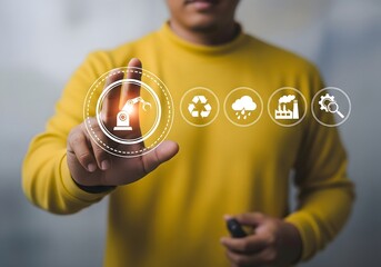 Person selecting a robotic arm icon from a series of environmental control icons on a screen