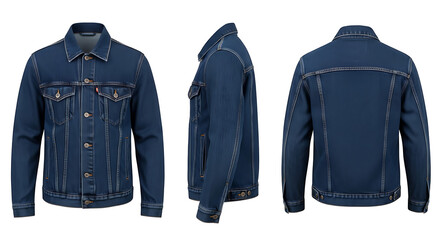 Naklejka premium Versatile Blank Dark Blue Denim Jacket Apparel Mockup Displayed from Front, Side, and Back Perspectives for Fashion Design and Branding