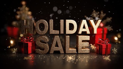 3d text "holiday sale", christmas background with red gift boxes and snowflakes, golden letters on a dark red background, golden sparkles around the inscription