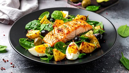 Grilled salmon salad with potatoes, eggs, olives, and spinach, elegantly plated on dark, textured surface