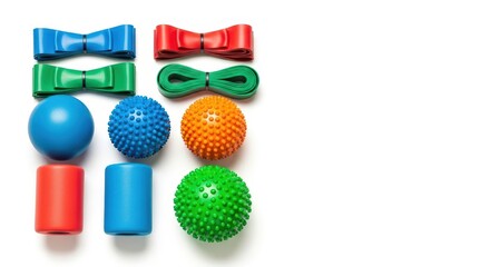Colorful physiotherapy and fitness equipment array, including resistance bands, massage balls, and foam rollers, promoting rehabilitation and exercise.