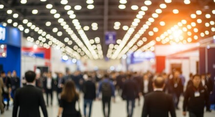 Fototapeta premium A blurred crowd of people walking through a large convention center with bright lights overhead