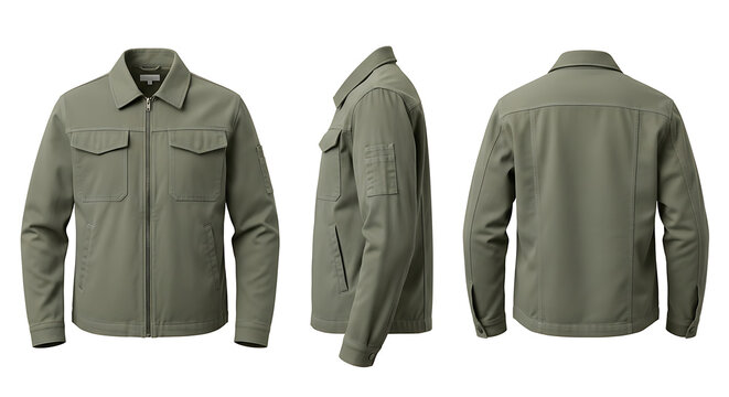 Three views of a green canvas utility jacket mockup on a white background, showcasing front, side, and back profiles