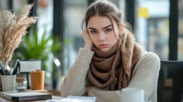 Sick young woman with scarf feels ill and feverish, resting head on hand, looking down at desk with plants and papers in soft indoor light. Congested and chilled.