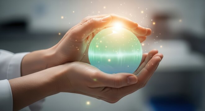 Woman doctor hands holding a glowing orb. Medical innovation and futuristic healthcare concept. Digital health analysis light effect.