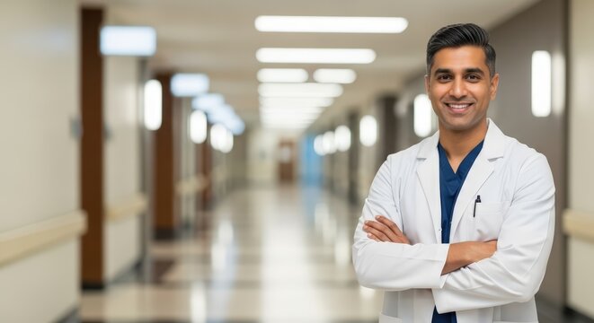 Man doctor standing with crossed arms in hospital corridor. Professional medical staff in healthcare environment. Portrait for clinic website or brochure.
