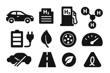 Hydrogen Transport Icons. Solid style icons of hydrogen transport: hydrogen car, fuel cell stack, refueling station, gas tank,