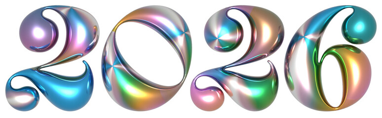 Holographic 3D text 2026 on a transparent background. Holographic toy 2025. Happy New Year 2026 text design.