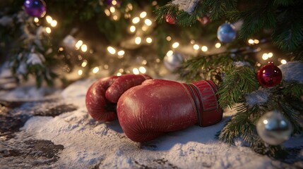 Boxing gloves resting in snow next to a small decorated Christmas tree, scattered baubles, twinkling fairy lights, warm winter lighting, highly detailed, photorealistic, festive scene