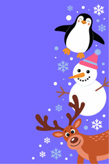 Cute penguin, snowman, and reindeer in flat design against purple winter background