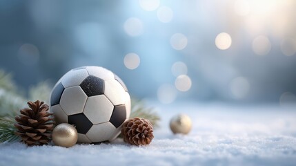 soccer ball on snow with tiny pinecones and ornaments