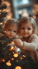 Two adorable young children joyfully decorate a sparkling Christmas tree, carefully placing a silver ornament among the glowing lights.