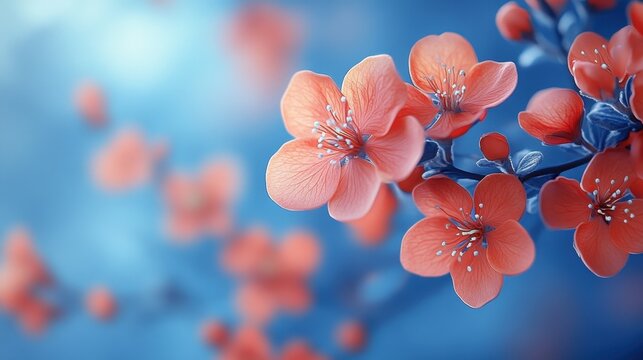 Close-up of vibrant red flowers with delicate white centers, creating an abstract and serene atmosphere. The blurred blue background adds depth and visual interest.
