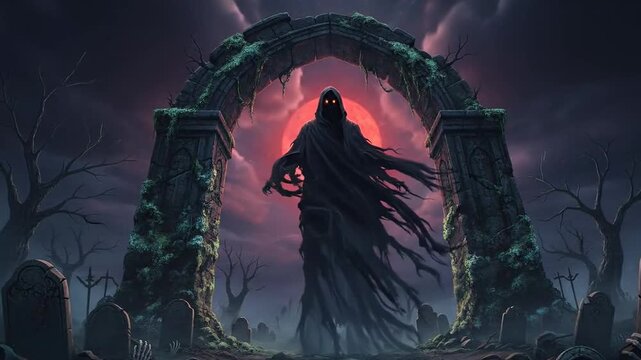 Eerie Grim Reaper Figure Emerging from Graveyard Portal, Halloween Horror Concept