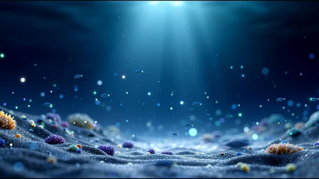 Underwater ocean seabed light bokeh coral reef marine blue dreamy serene mood flowing with shimmering particles as soft rays pierce deep water highlighting tiny fish over sandy floor, peaceful
