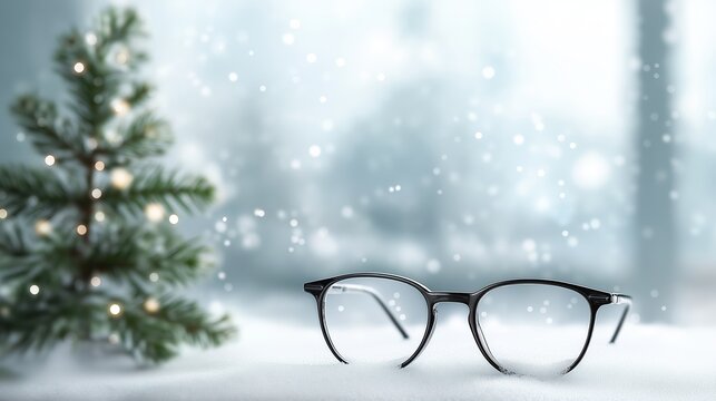 Eyeglasses resting on fresh snow beside a small decorated Christmas tree, soft falling snowflakes, minimalistic clean winter theme, blurred background, space for holiday text, photorealistic
