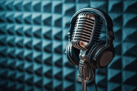 Microphone and headphones in studio for podcast, music recording, radio shows, sound production, vocal recordings, voiceovers, and content creation.
